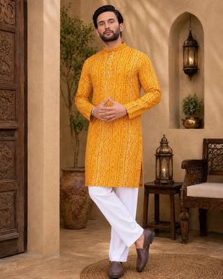 Yellow color traditional chikankari embroidery cotton men's kurta payjama set 1