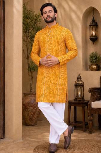 Yellow color traditional chikankari embroidery cotton men's kurta payjama set