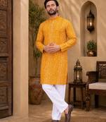 Yellow color traditional chikankari embroidery cotton men's kurta payjama set