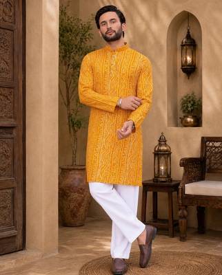 Yellow color traditional chikankari embroidery cotton men's kurta payjama set 2