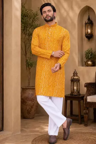Yellow color traditional chikankari embroidery cotton men's kurta payjama set