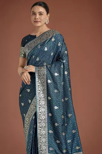rama silk blend banarasi jacuard work saree with unstitched blouse piece