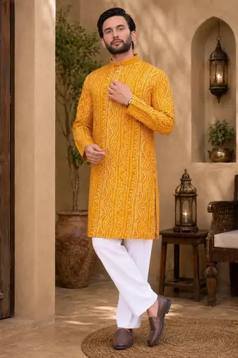 Yellow color traditional chikankari embroidery cotton men's kurta payjama set