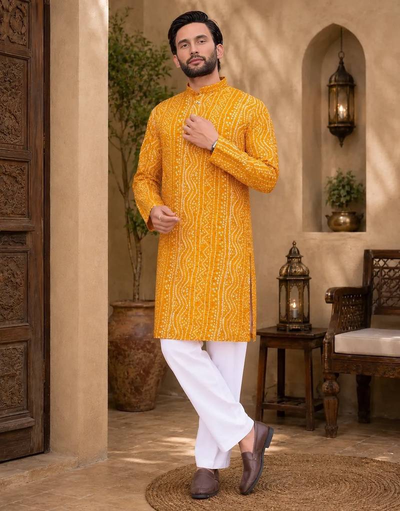 Yellow color traditional chikankari embroidery cotton men's kurta payjama set
