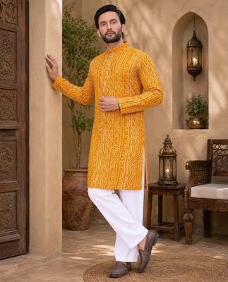Yellow color traditional chikankari embroidery cotton men's kurta payjama set 4