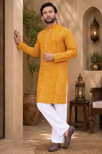 Yellow color traditional chikankari embroidery cotton men's kurta payjama set
