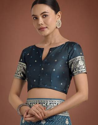 rama silk blend banarasi jacuard work saree with unstitched blouse piece 5