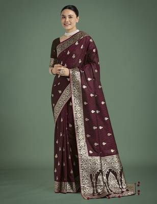 maroon silk blend banarasi jacuard work saree with unstitched blouse piece 1