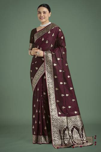 maroon silk blend banarasi jacuard work saree with unstitched blouse piece