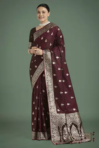 maroon silk blend banarasi jacuard work saree with unstitched blouse piece