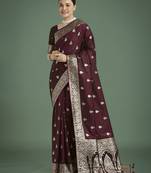 maroon silk blend banarasi jacuard work saree with unstitched blouse piece