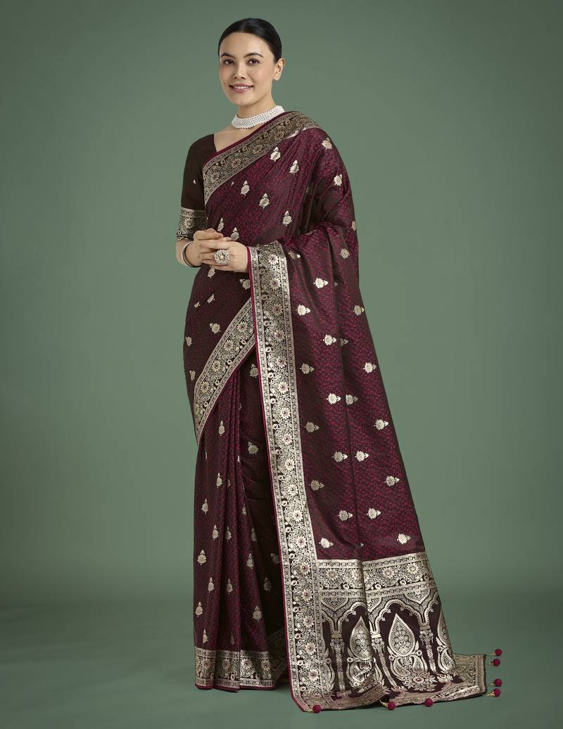 maroon silk blend banarasi jacuard work saree with unstitched blouse piece