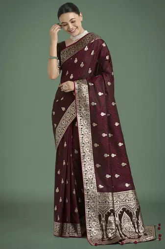 maroon silk blend banarasi jacuard work saree with unstitched blouse piece