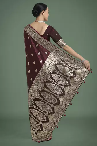 maroon silk blend banarasi jacuard work saree with unstitched blouse piece