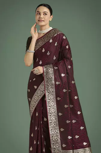 maroon silk blend banarasi jacuard work saree with unstitched blouse piece