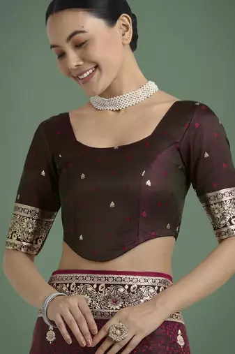 maroon silk blend banarasi jacuard work saree with unstitched blouse piece