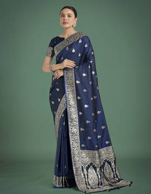 blue silk blend banarasi jacuard work saree with unstitched blouse piece 1
