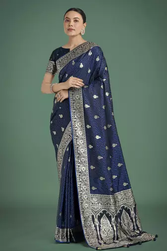 blue silk blend banarasi jacuard work saree with unstitched blouse piece