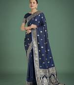 blue silk blend banarasi jacuard work saree with unstitched blouse piece