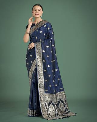 blue silk blend banarasi jacuard work saree with unstitched blouse piece 2