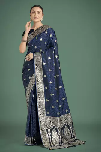 blue silk blend banarasi jacuard work saree with unstitched blouse piece