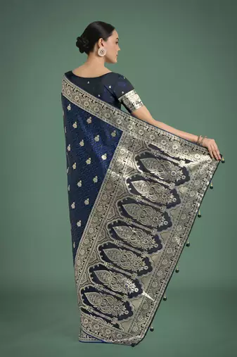 blue silk blend banarasi jacuard work saree with unstitched blouse piece