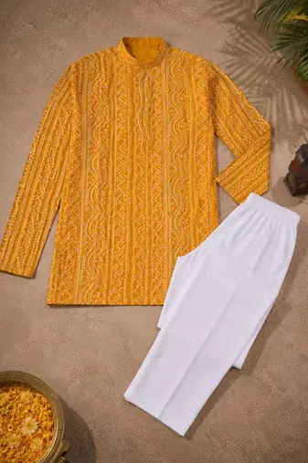 Yellow color traditional chikankari embroidery cotton men's kurta payjama set