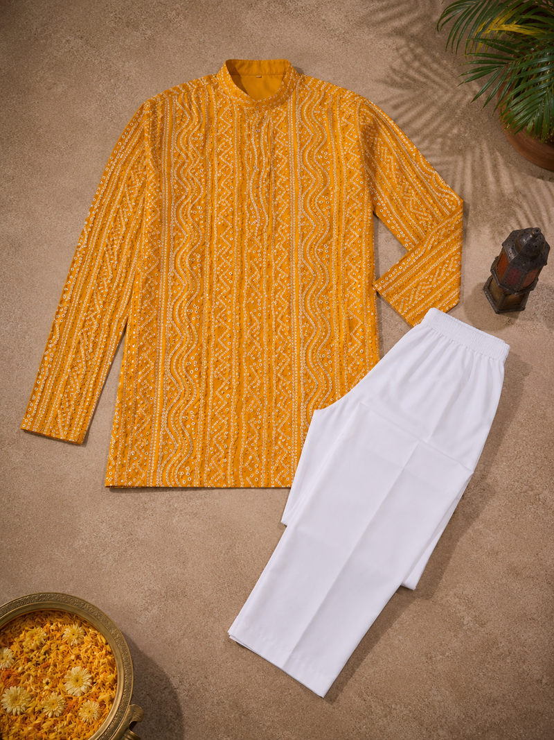Yellow color traditional chikankari embroidery cotton men's kurta payjama set