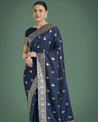 blue silk blend banarasi jacuard work saree with unstitched blouse piece 4