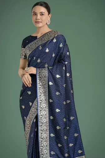 blue silk blend banarasi jacuard work saree with unstitched blouse piece