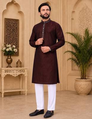 Maroon color with linen fabric men's kurta payjama set 1