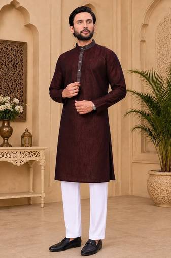 Maroon color with linen fabric men's kurta payjama set