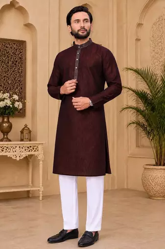 Maroon color with linen fabric men's kurta payjama set