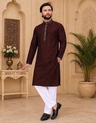 Maroon color with linen fabric men's kurta payjama set 2