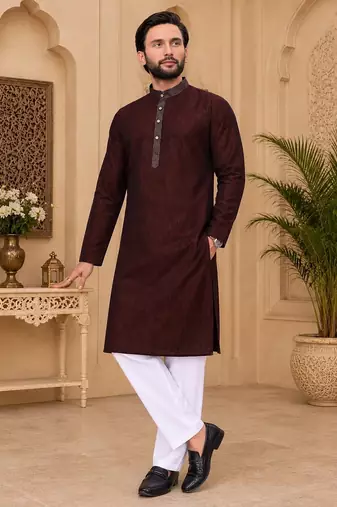 Maroon color with linen fabric men's kurta payjama set