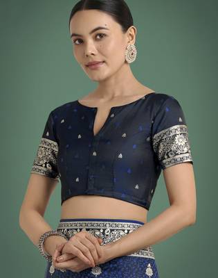 blue silk blend banarasi jacuard work saree with unstitched blouse piece 5