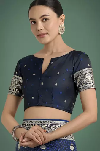 blue silk blend banarasi jacuard work saree with unstitched blouse piece