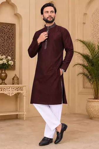 Maroon color with linen fabric men's kurta payjama set
