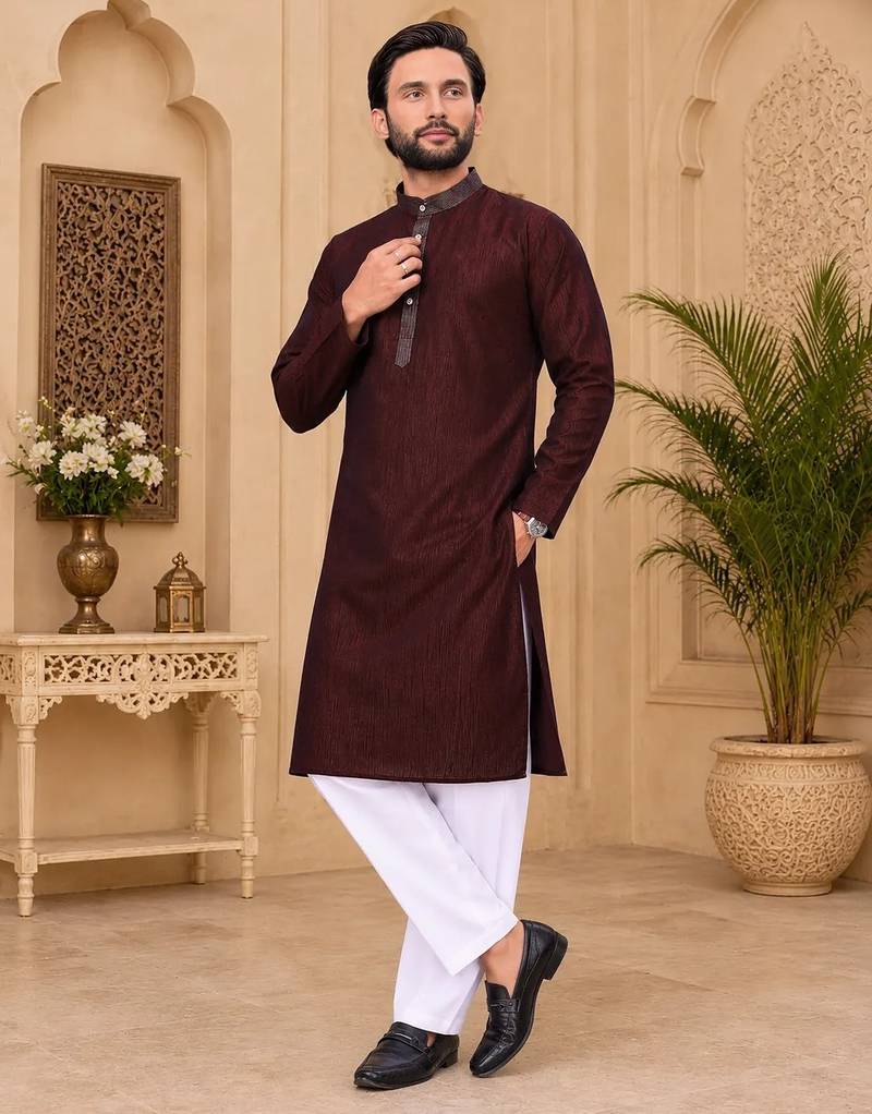 Maroon color with linen fabric men's kurta payjama set