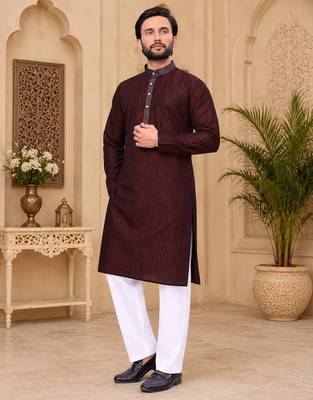 Maroon color with linen fabric men's kurta payjama set 4