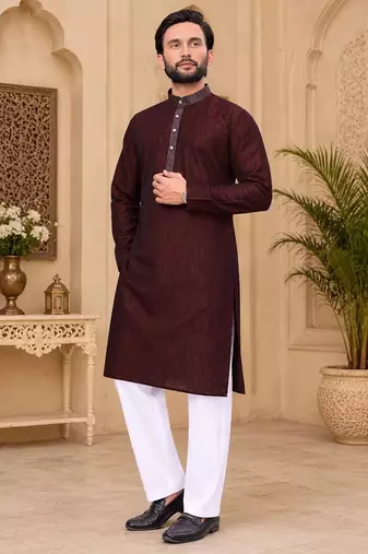 Maroon color with linen fabric men's kurta payjama set