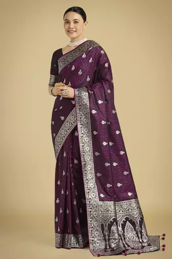 wine silk blend banarasi jacuard work saree with unstitched blouse piece