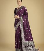 wine silk blend banarasi jacuard work saree with unstitched blouse piece