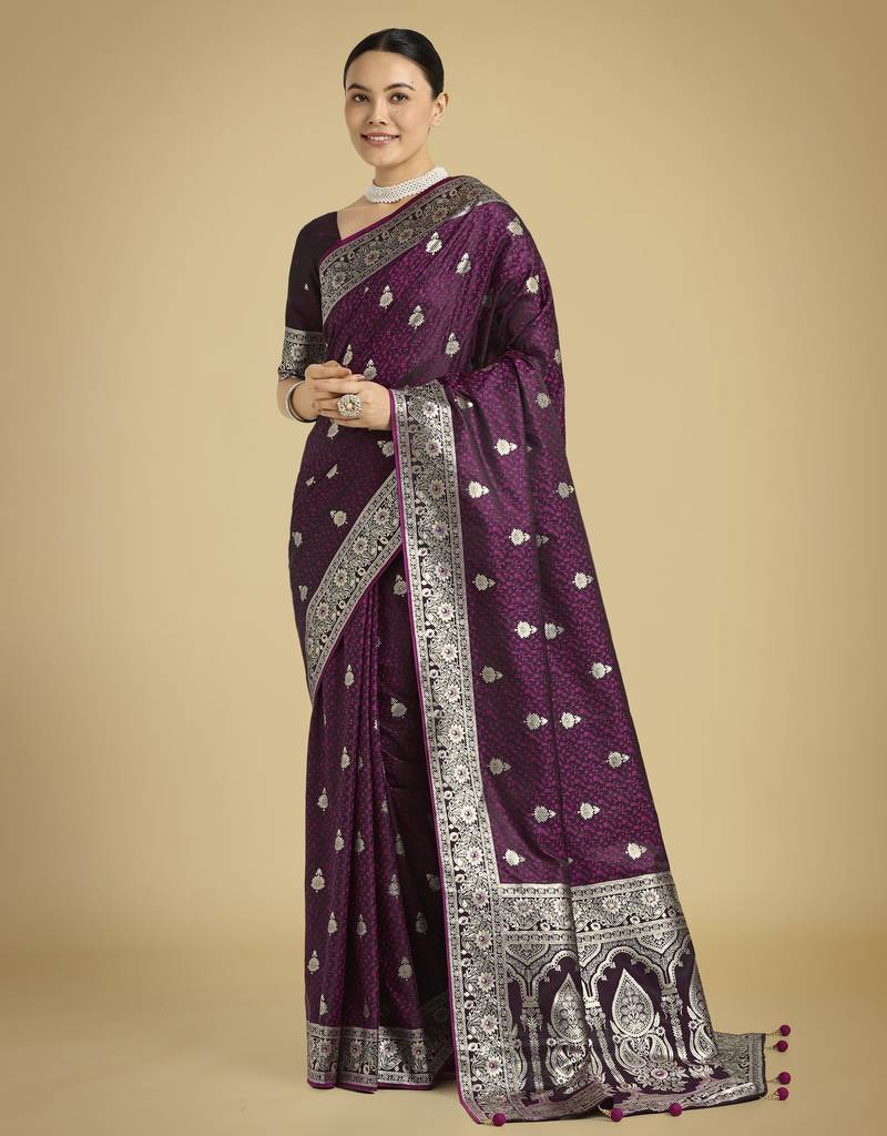 wine silk blend banarasi jacuard work saree with unstitched blouse piece