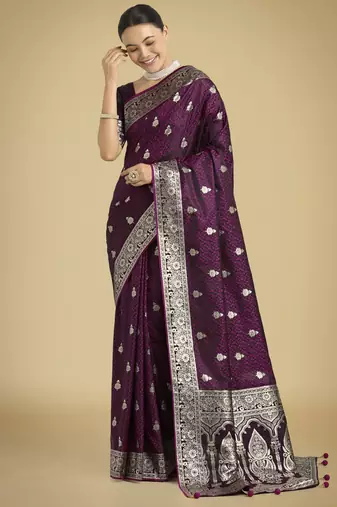 wine silk blend banarasi jacuard work saree with unstitched blouse piece