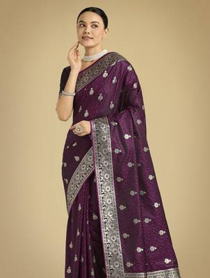 wine silk blend banarasi jacuard work saree with unstitched blouse piece 4