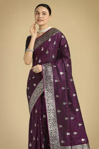 wine silk blend banarasi jacuard work saree with unstitched blouse piece