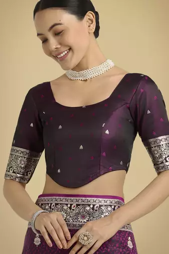 wine silk blend banarasi jacuard work saree with unstitched blouse piece