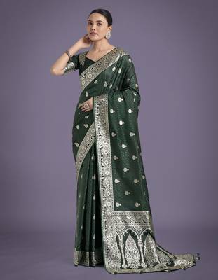 green silk blend banarasi jacuard work saree with unstitched blouse piece 1