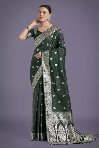 green silk blend banarasi jacuard work saree with unstitched blouse piece